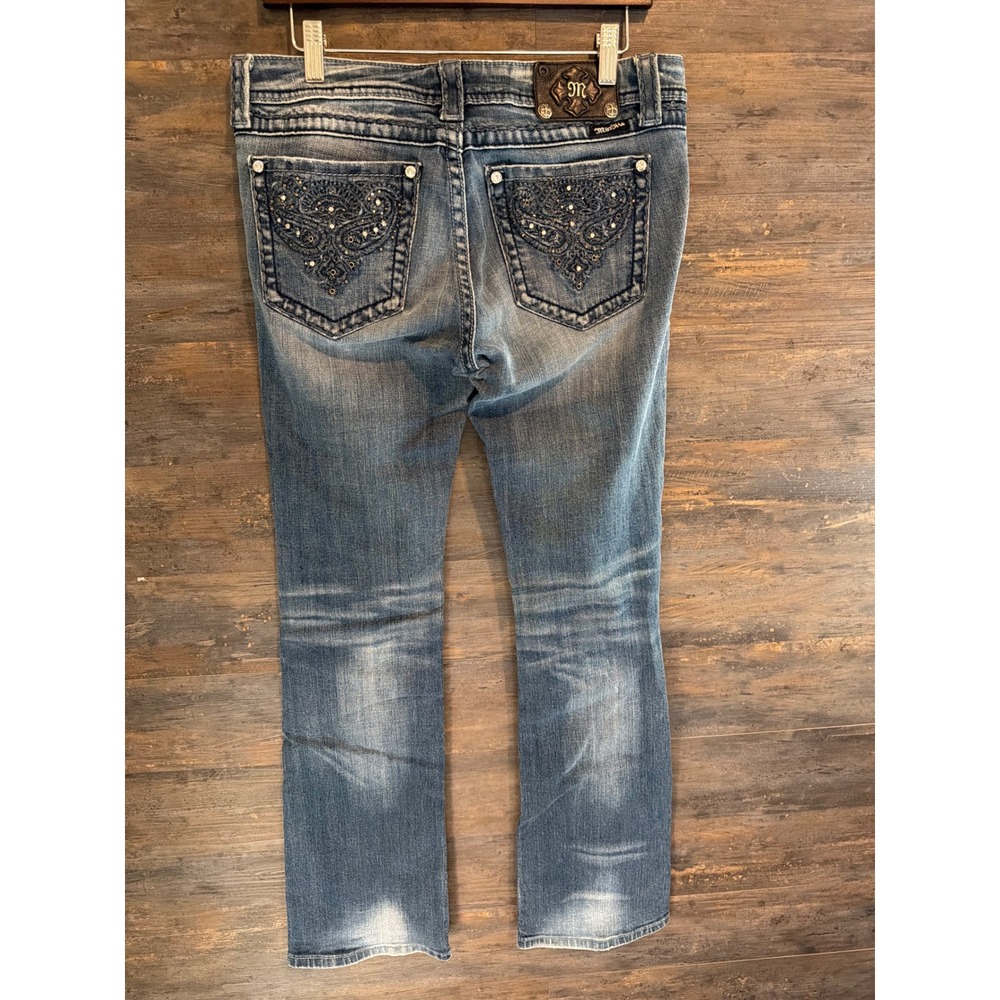 Miss Me Bootcut Jeans Blue Distressed Embellished Wing Pocket Size 31